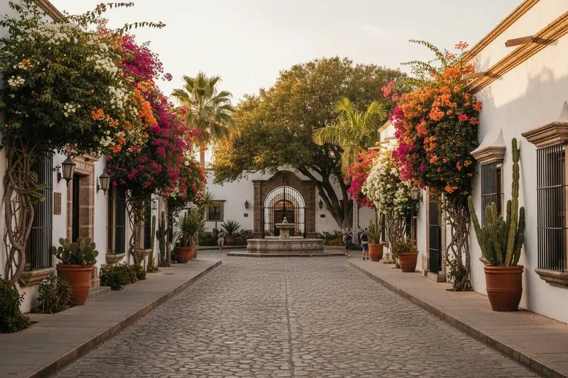 Whitewashed gallery street with desert landscaping in summer light