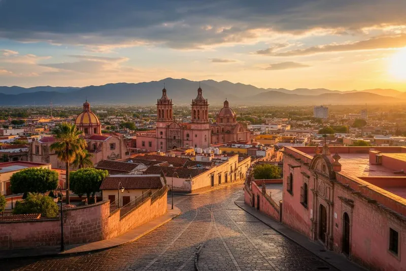 San Luis Potosi rooftops and church towers under rainy-season clouds in July
