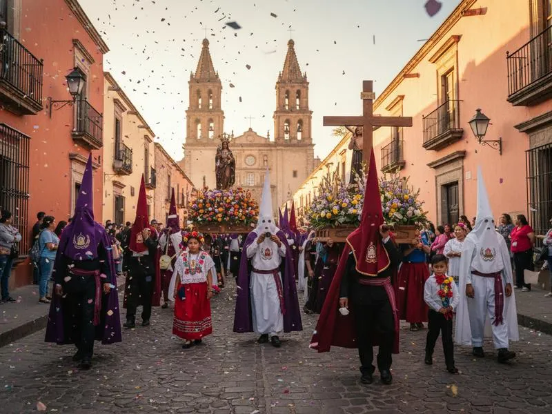 Religious procession carrying floats through San Miguel de Allende's colonial streets with the pink Parroquia church in background