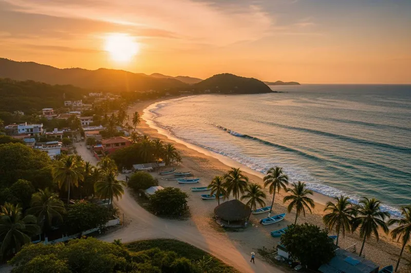San Pancho beach in August with green rainy-season hills, warm Pacific water, and humid Riviera Nayarit weather
