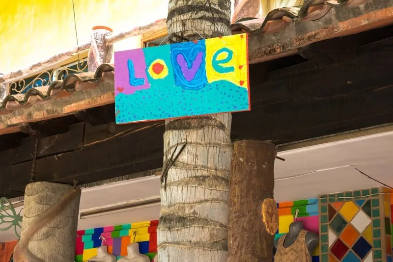 Bright storefronts and narrow streets in the center of Sayulita near the beach