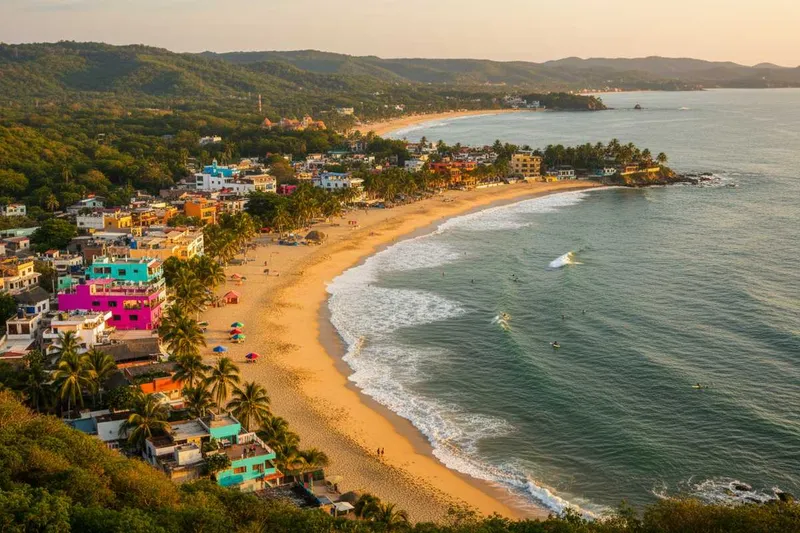 Palm trees and colorful buildings along Sayulita's Pacific beach on a humid green-season day