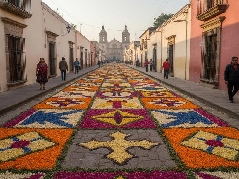 Intricate colorful alfombra sawdust carpet on a Mexican street for Semana Santa with detailed religious designs