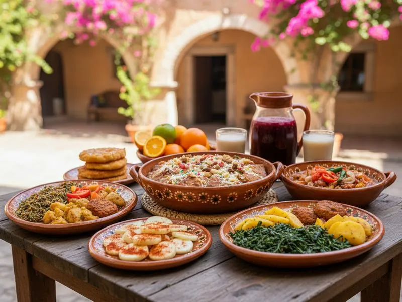 Traditional Mexican Semana Santa Lenten food spread with capirotada, romeritos in mole, and shrimp fritters on a rustic table