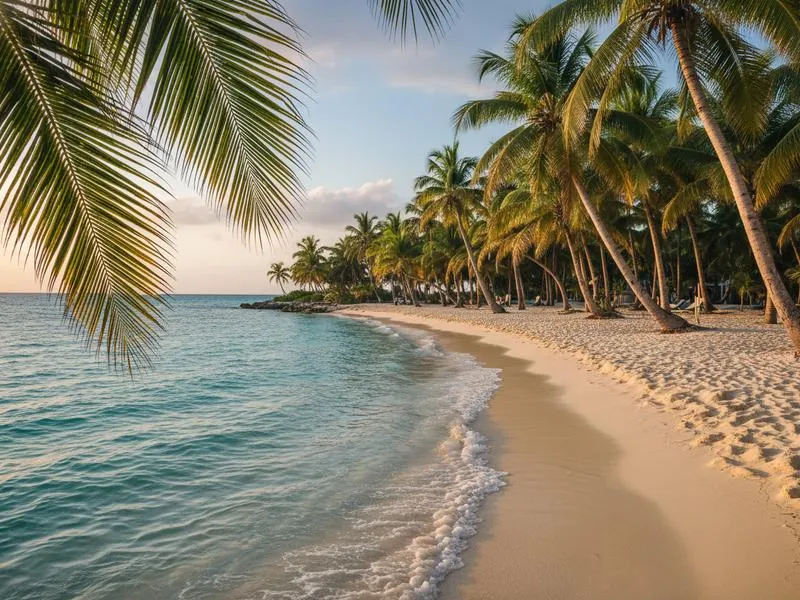 Colorful wooden fishing boats pulled up on the sand at Seybaplaya beach Campeche Mexico with pelicans in the Gulf waters