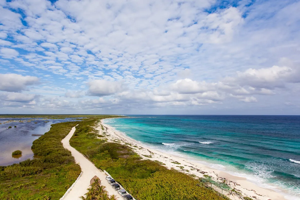 Sian Ka'an UNESCO biosphere reserve aerial view showing turquoise Caribbean lagoons and mangrove channels south of Tulum