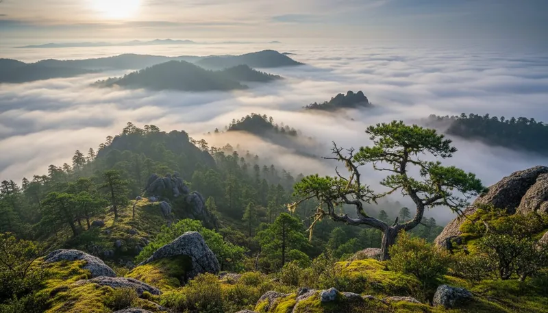 Rocky mossy hillside with pine trees overlooking rolling hills covered by low clouds