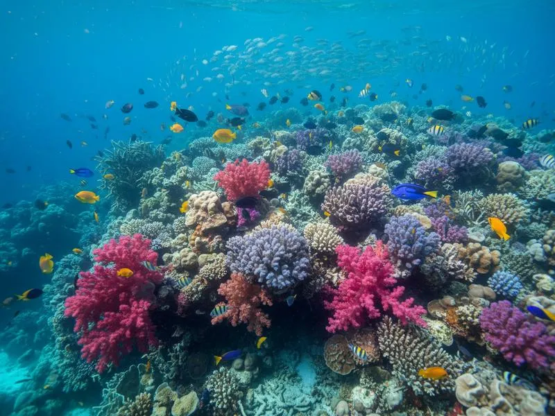 Snorkeler floating over a coral reef in clear Caribbean water in Mexico