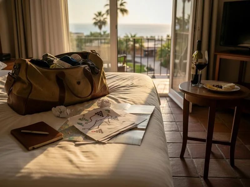 Packed weekend bag in a Baja hotel room with wine route notes and Ensenada map