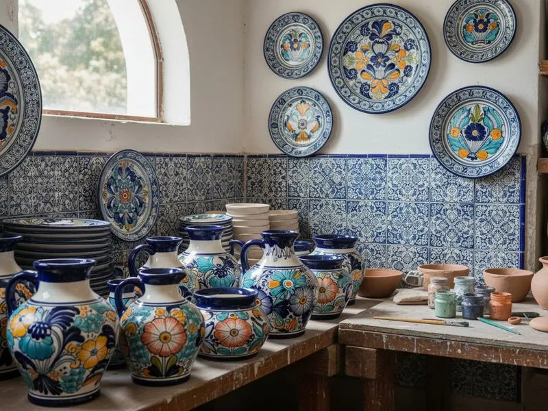 Colorful hand-painted Talavera pottery tiles and bowls displayed at an authentic workshop in Puebla