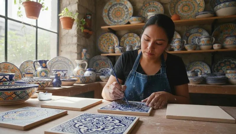 Talavera pottery workshop at Uriarte in Puebla — artisans hand-painting traditional blue and white ceramic tiles, UNESCO Intangible Cultural Heritage of Mexico