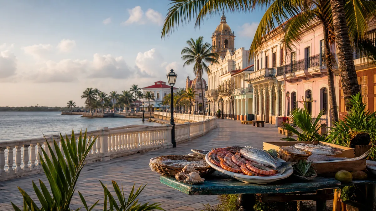 Palm-lined plaza in Tampico with Gulf Coast sunlight, benches, and historic downtown facades