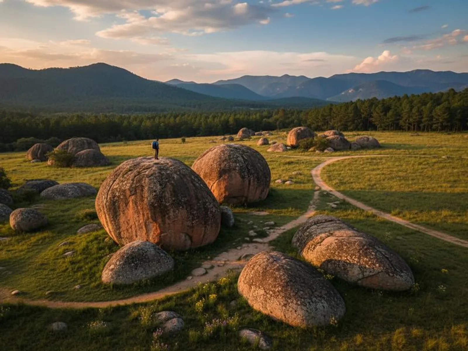 Large rounded rock formations standing in a grassy mountain field