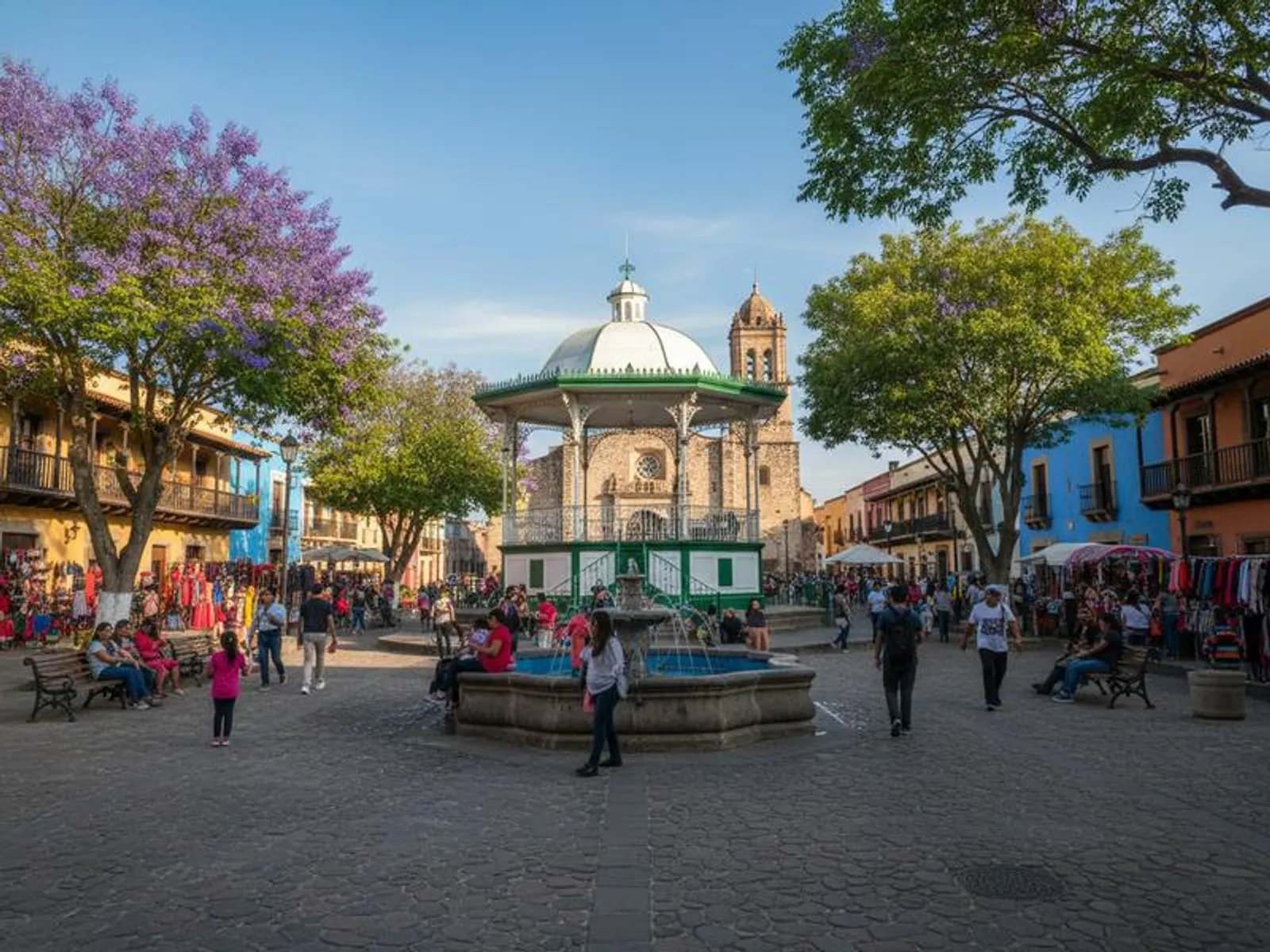 Tapalpa plaza with trees, benches, and whitewashed buildings in soft daylight