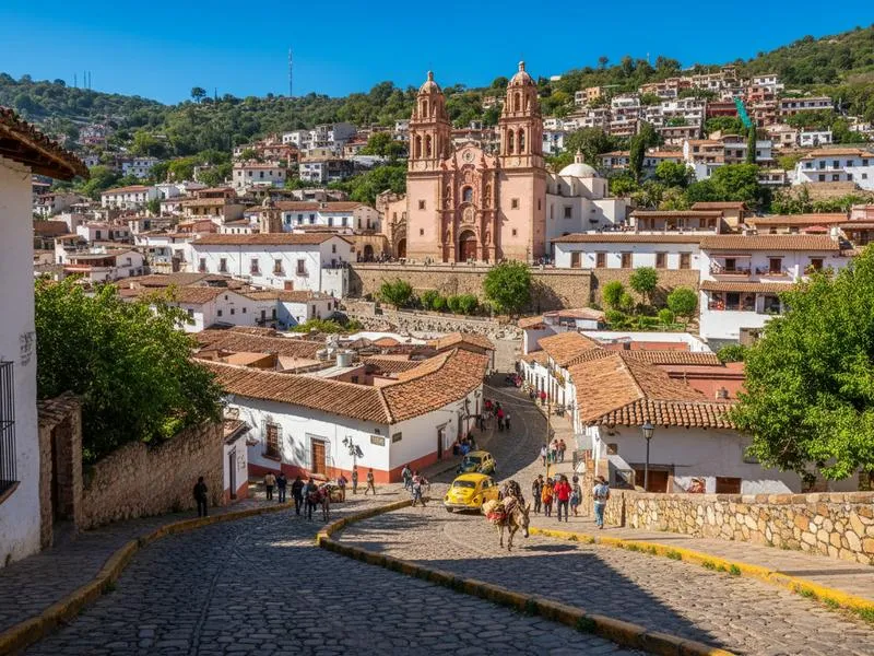 Taxco Semana Santa penitents in purple robes carrying crosses through cobblestone streets during Holy Week processions