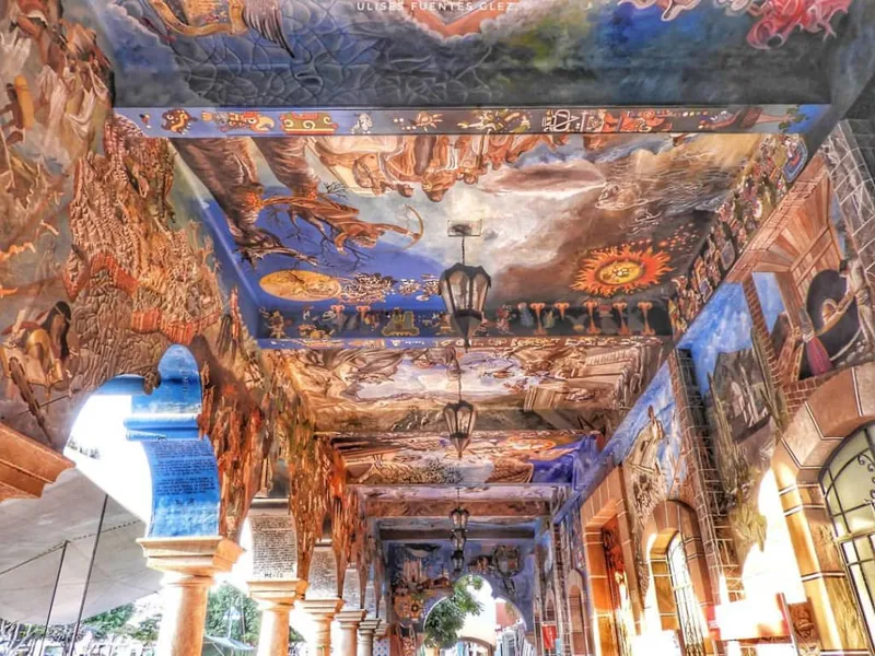 Colorful murals inside the Municipal Palace of Tehuacan Puebla depicting the city's history and five surrounding regions