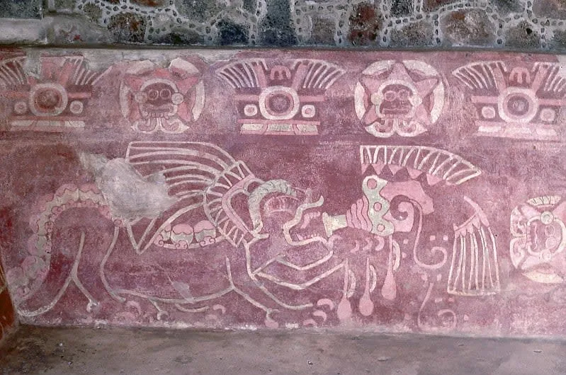 Palace of Quetzalpapalotl carved stone columns with butterfly and quetzal bird motifs Teotihuacan