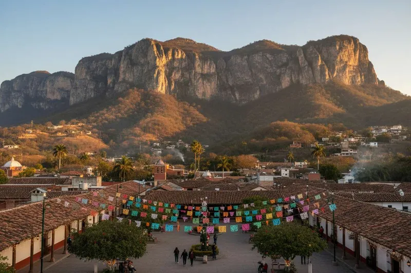 Sunlit Tepoztlan cliffs above town during the dry December travel season