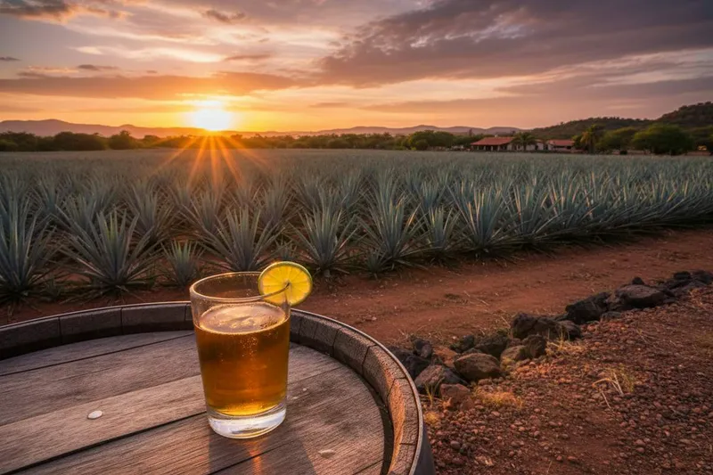 Green blue agave fields outside Tequila after August rain