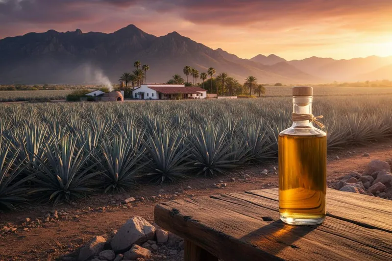 Blue agave rows outside Tequila with a distillery building below the Jalisco hills