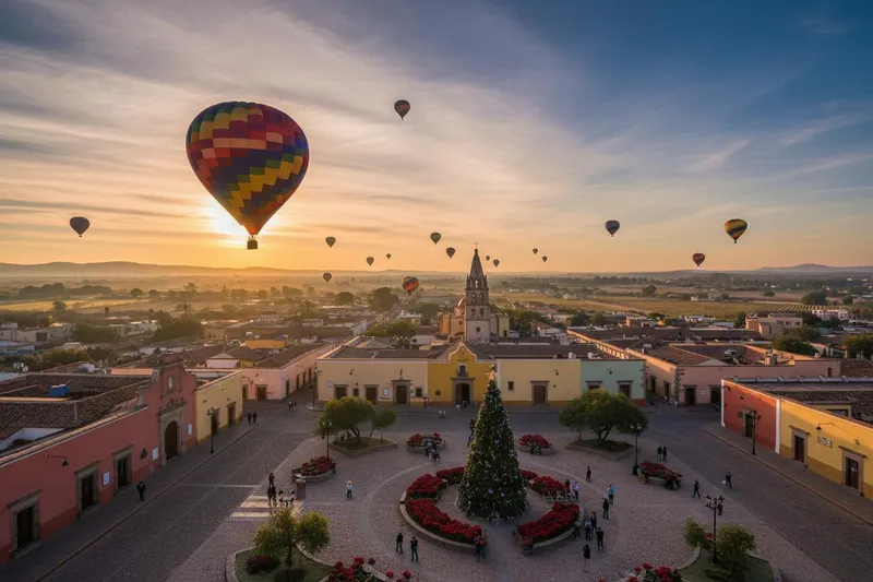 Tequisquiapan plaza arches and warm December light in Queretaro wine country