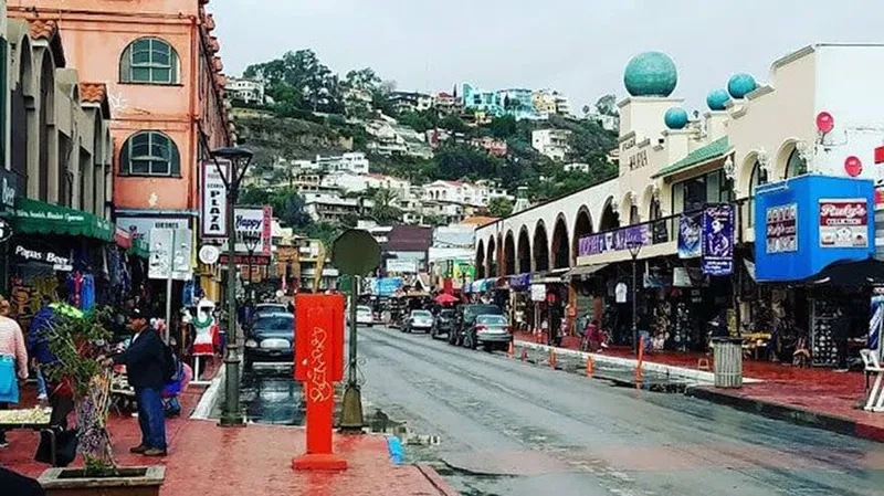 Wet street lined with shops and arcades, cars parked, and hillside houses in the background