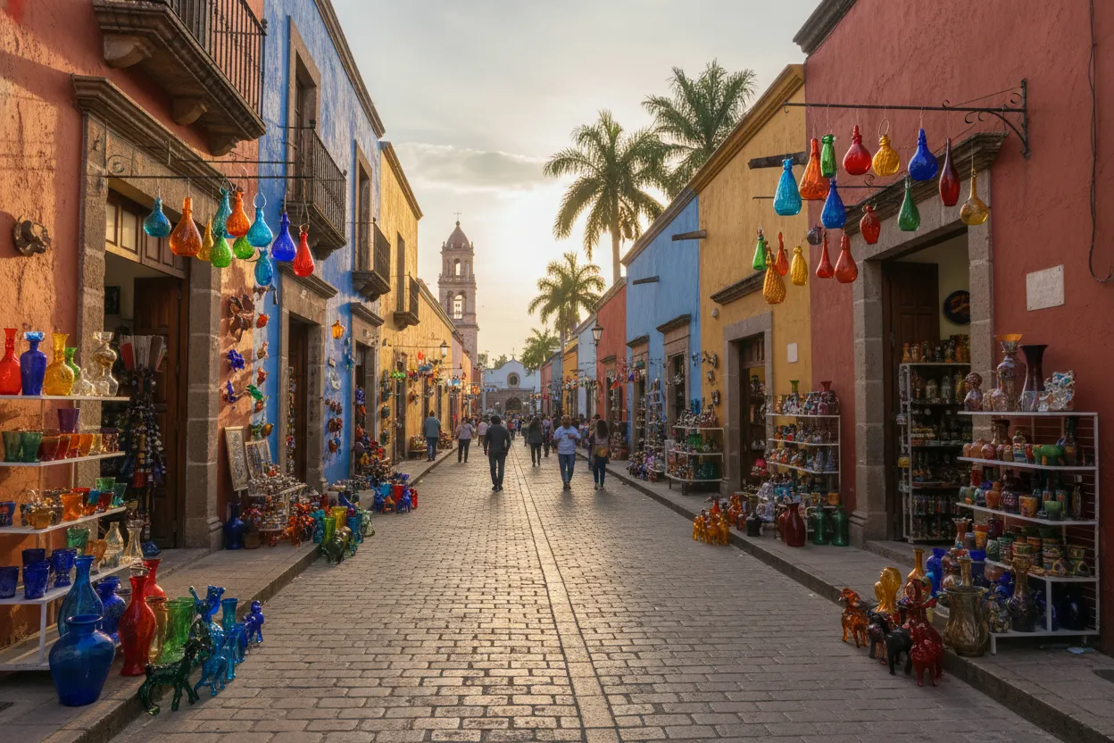 Tlaquepaque craft district in Guadalajara — pedestrian street lined with galleries, blown glass studios, and colonial mansions housing artisan workshops