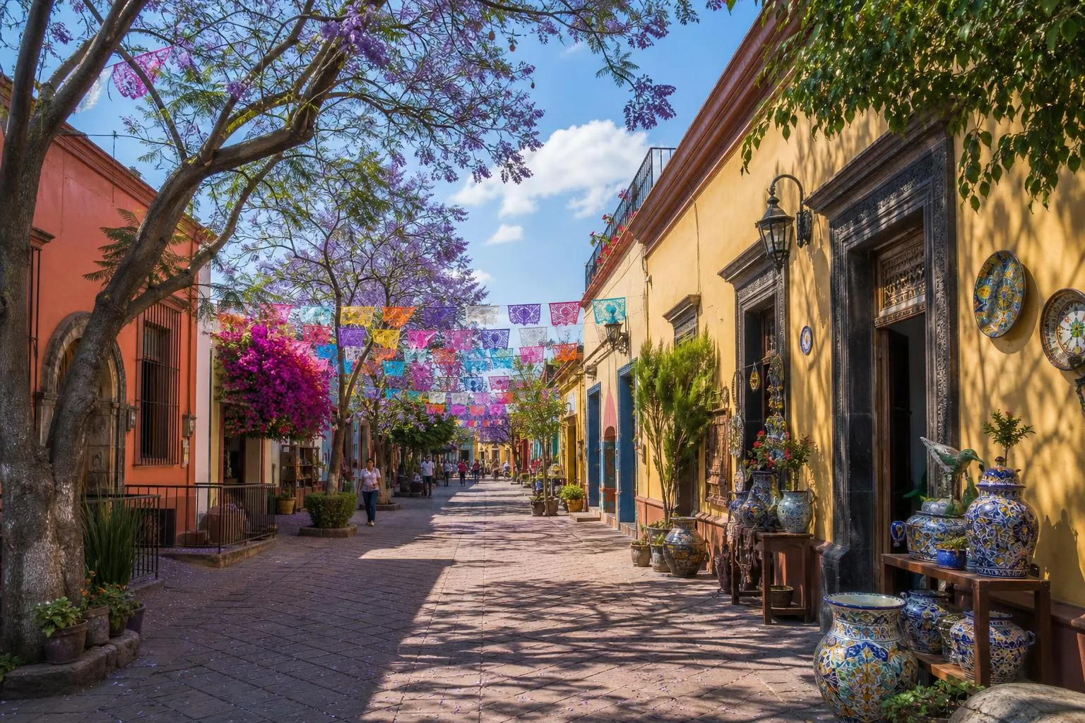 Colorful artisan street in Tlaquepaque with ceramics and jacaranda flowers in April