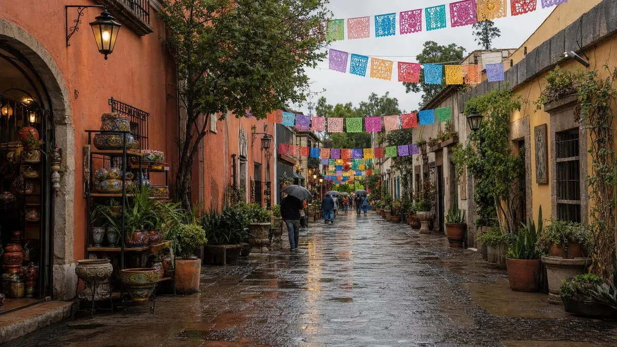 Wet pedestrian street in Tlaquepaque in August with colorful artisan storefronts and papel picado