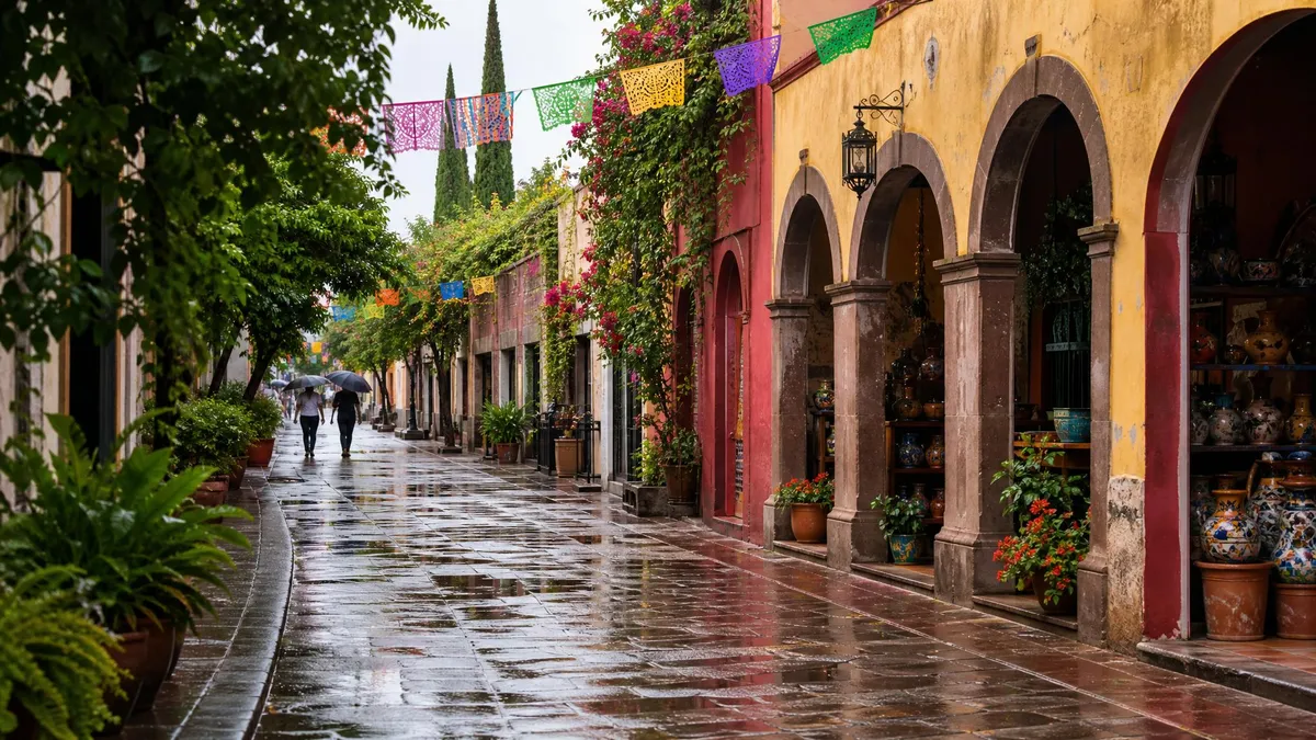 Wet pedestrian street in Tlaquepaque after July rain with colorful artisan storefronts and papel picado