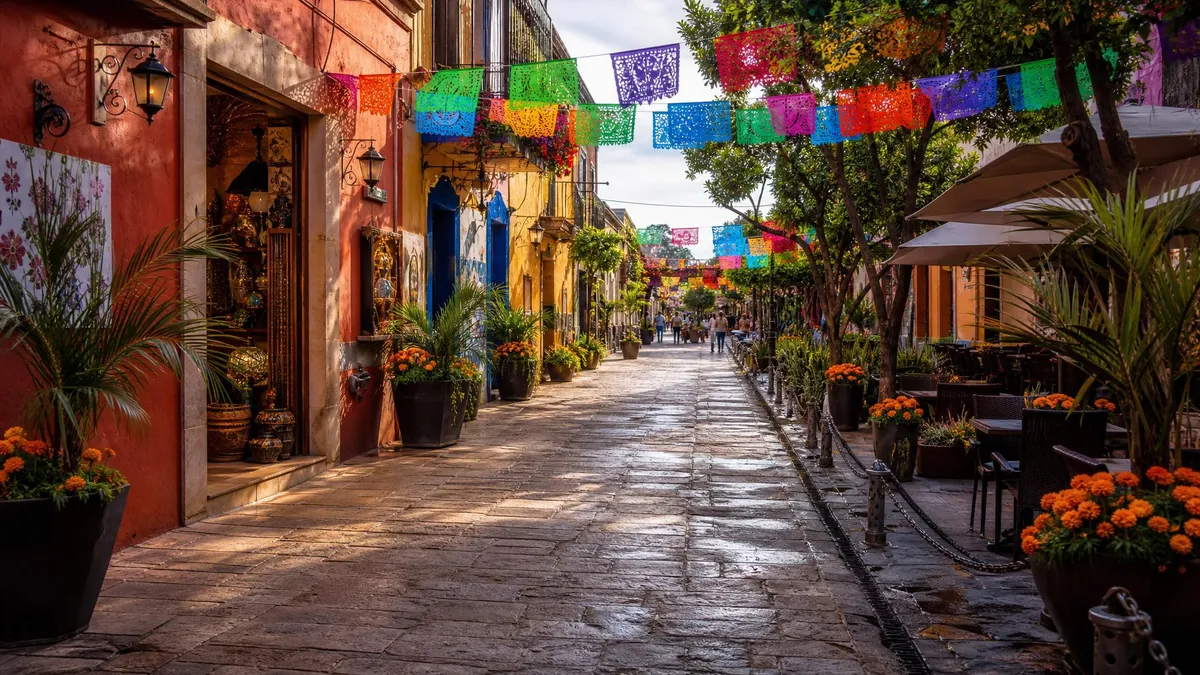Colorful pedestrian street in Tlaquepaque in October with papel picado and marigold decorations