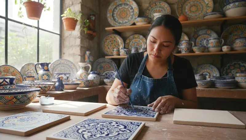 Tlaxcala craft display with woven textiles, regional ceramics, and market colors near the historic center