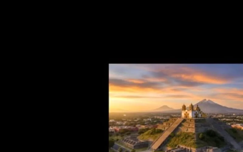 Arcades and church towers in central Tlaxcala during February dry season