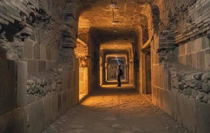 Protected mural wall and covered walkways at the Cacaxtla archaeological site in dry season