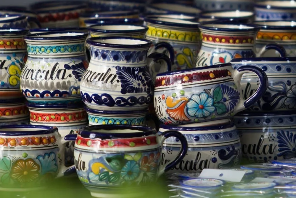 Blue-and-white Talavera pottery workshop pieces from San Pablo del Monte