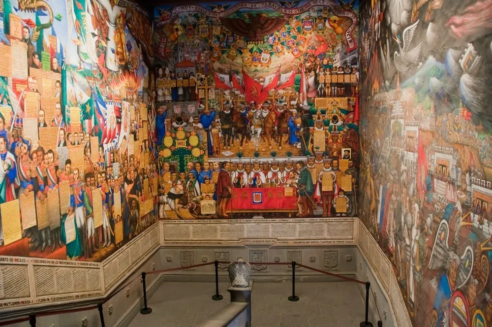 Colorful Desiderio Hernandez Xochitiotzin murals inside Tlaxcala Government Palace