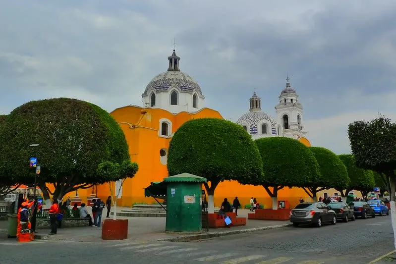 Tlaxcala Mexico colonial historic center with whitewashed buildings and the famous ochre and white town hall