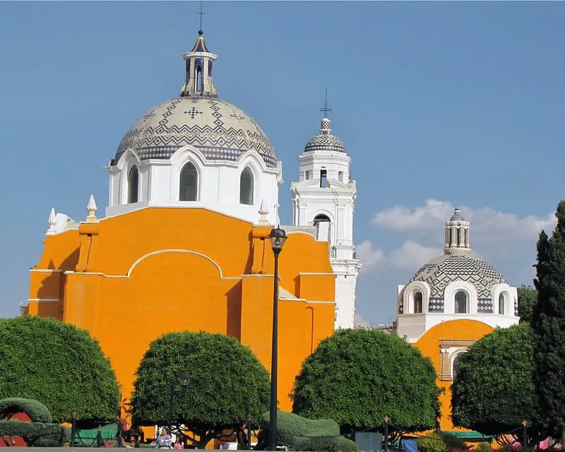 San Jose Parish facade with brickwork and Talavera tile details in Tlaxcala