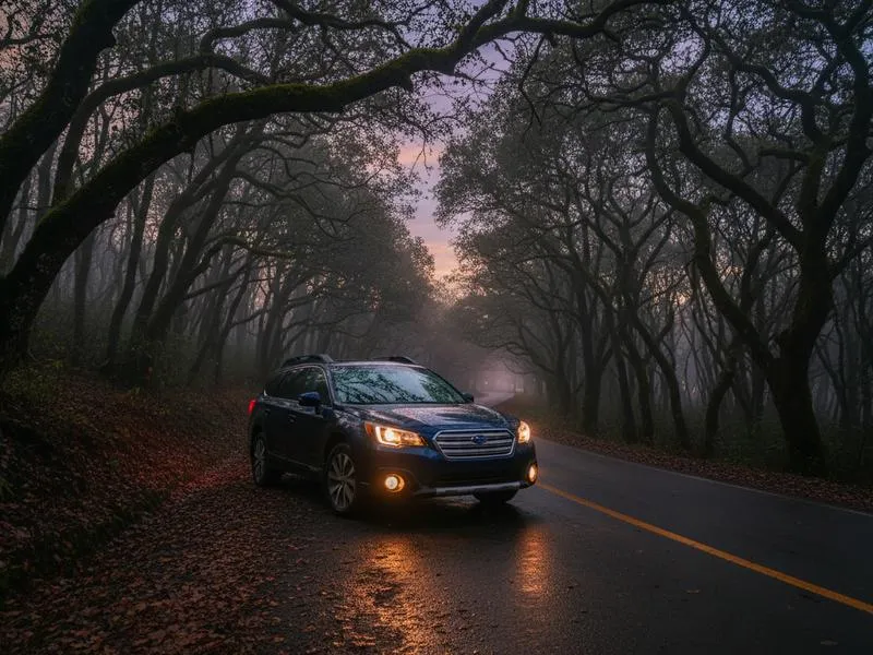 Car parked near a forest road in Tlaxcala at dusk before a firefly tour