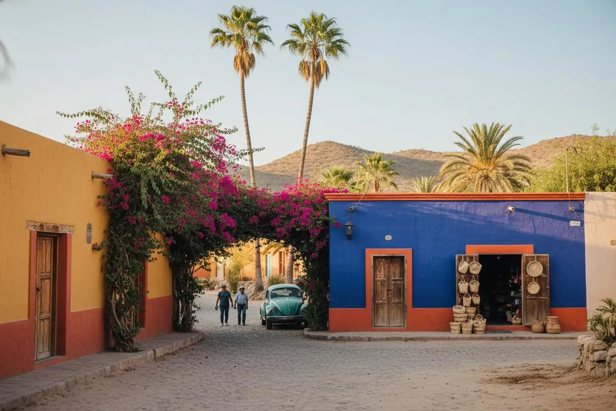 Colorful Todos Santos street with Baja desert hills under clear April sun