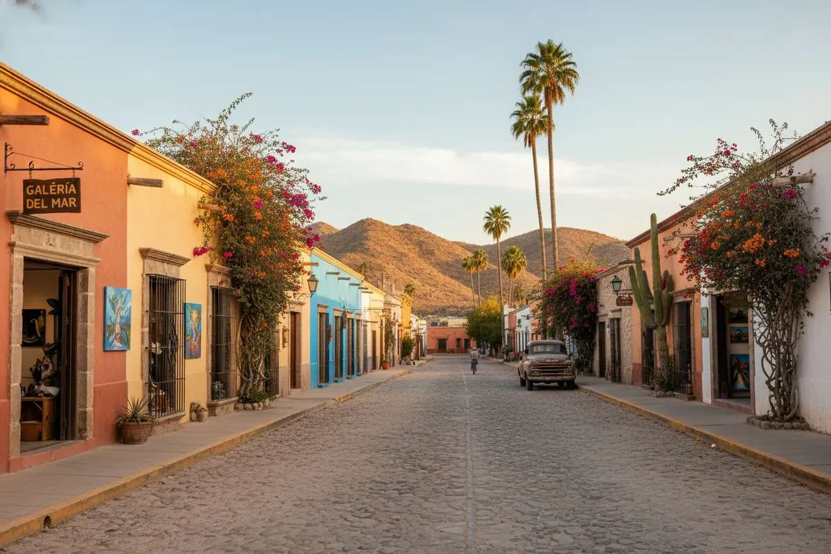 Todos Santos street with colorful Baja buildings, desert hills, and bright dry May sunshine