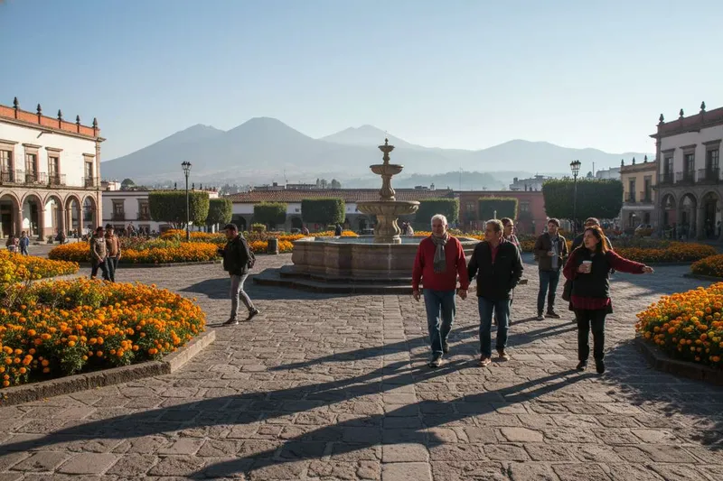 Toluca plaza in November with marigolds, clear highland skies, and cool dry-season light