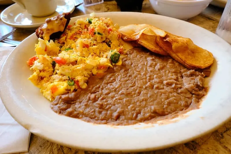 Huevos a la Mexicana scrambled with tomato, onion, and green chile