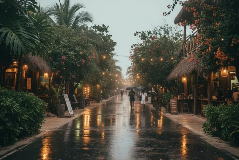 Tulum beach in September with palm trees, humidity, and Caribbean weather risk