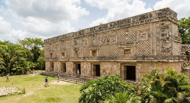 Governor's Palace at Uxmal ruins — the longest pre-Columbian building in the Americas at 98 meters, accessible on foot from the Pyramid of the Magician