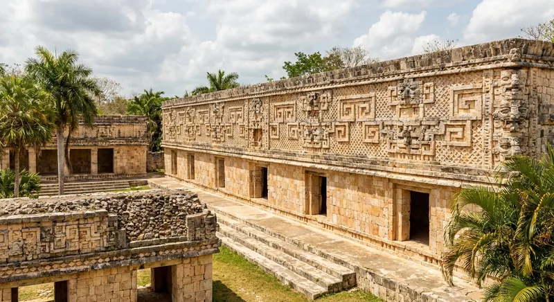 Uxmal Nunnery Quadrangle Maya ruins with intricate Puuc-style stone mosaic facades — less visited than Chichen Itza with more architectural detail
