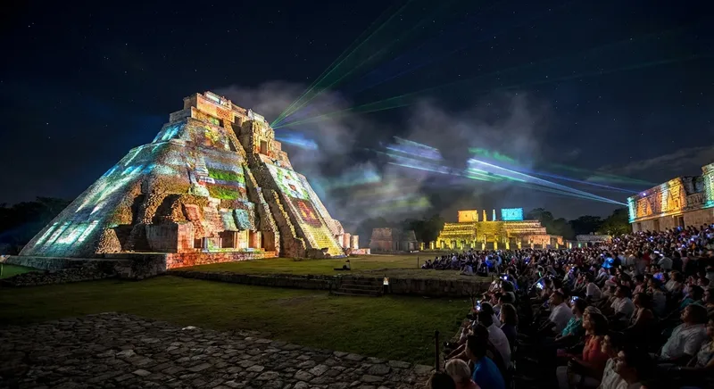 Uxmal sound and light show at night — the Pyramid of the Magician illuminated in changing colors with narrated Maya history playing across the ruins