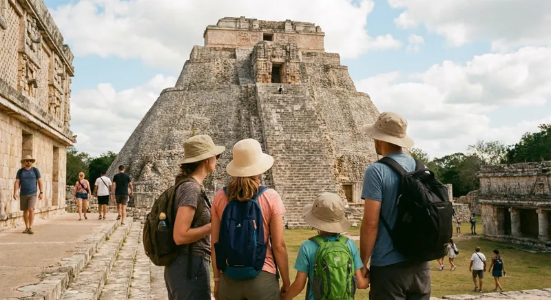 Visitors at Uxmal ruins Yucatan Mexico exploring the ancient Maya site — far fewer crowds than Chichen Itza at the same time of day