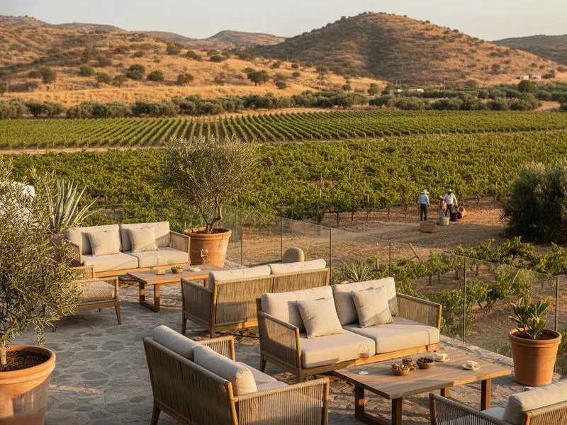 Boutique hotel room terrace facing vineyards in Valle de Guadalupe during harvest season