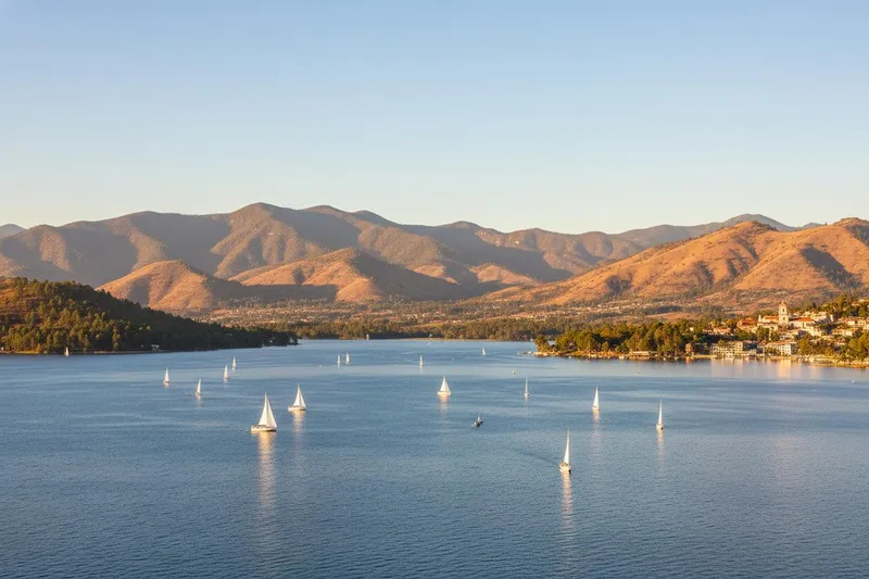 Dry-season lake view in Valle de Bravo with forested hills beyond the water